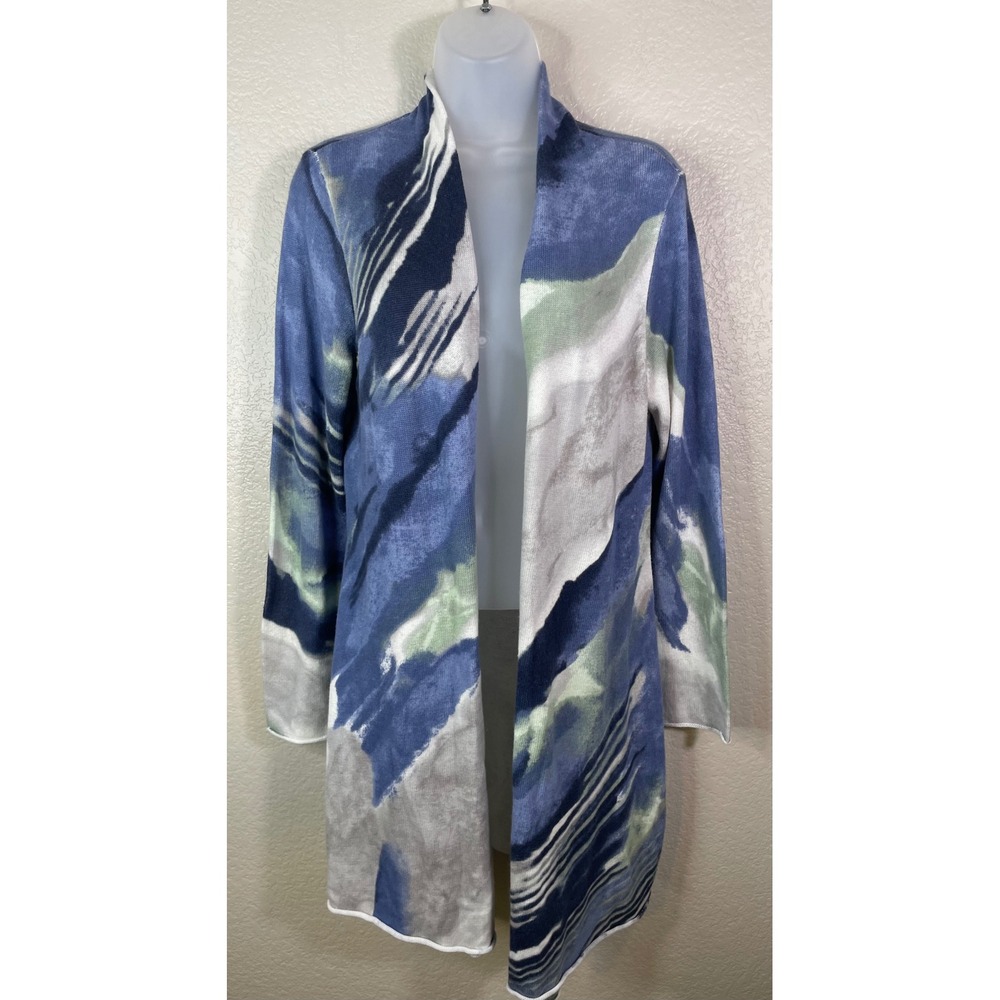 Chicos 1 US Medium Cardigan Blue Abstract Watercolor Longline Open Front Knit